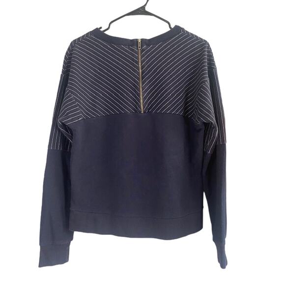 J. Crew Navy Blue Striped Cozy Cotton Blend Pullover Sweatshirt Women Sz L - Picture 2 of 10
